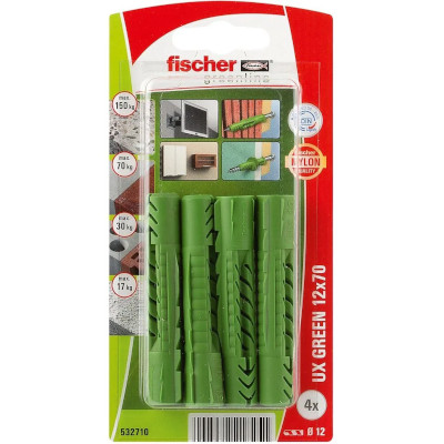 Рекомендуем купить Универсальный эко дюбель Fischer UX 12x70 GREEN K NV, упаковка блистер  4 шт