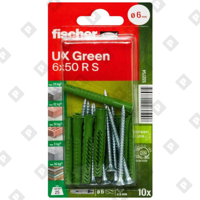 Универсальный эко дюбель Fischer UX 6x50 R S GREEN K NV SCREW с потайным шурупом, упаковка блистер  10 шт - №1